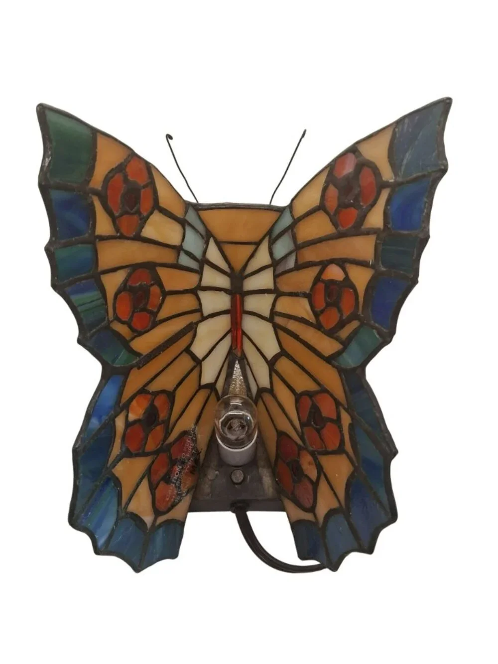 Tiffany Style Butterfly Stained Glass Lamp Bronze Floral Base  Vintage Quoizel
